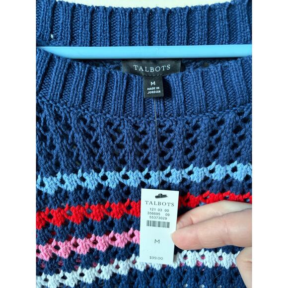 NWT 100% Cotton Talbots Blue/Multi-Colored Striped Open Stitch Crewneck Sweater - Picture 5 of 9